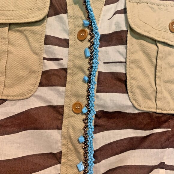 VTG Henry Cottons Top Zebra Print Blue Stones Lined placket Sz 48 L/XL Safari - Picture 4 of 12
